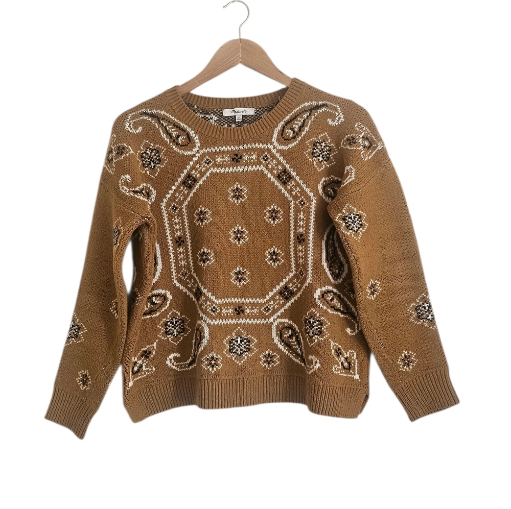 Madewell Bandana Print Knit Pullover Sweater Brown Mustard Boho Western, Size S